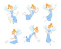 Tooth fairy. Cute little flying princess with wings in action poses exact cartoon fantasy mascot isolated