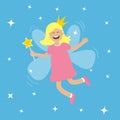 Tooth fairy flying wings. Smiling teeth mouth. Girl holding star magic wand. Shining fairy dust. Cute baby teeth cartoon character Royalty Free Stock Photo