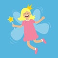 Tooth fairy flying wings. Smiling teeth mouth. Happy girl holding star magic wand. Cute baby teeth cartoon laughing character in d Royalty Free Stock Photo
