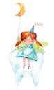 Tooth fairy funny redhead cute girl sitting on a big tooth. Watercolor hand drawn illustration. Moon and stars. Fantasy