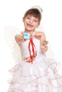 Tooth fairy girl dressed in white with wings give gift and money Royalty Free Stock Photo