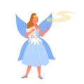 Tooth fairy holding kids molar, cute godmother with blue butterfly wings and dress