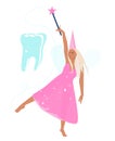 Tooth fairy holds a magic wand,advertises root canal treatment,implants.