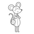 Tooth fairy mouse holding a bag. Fairytale cute character in black and white