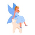 Tooth fairy sitting on kids molar, cute godmother with crown, blue wings and dress Royalty Free Stock Photo