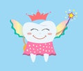 Tooth fairy wearing a polka dot skirt, crown and holding a star magic wand and coin. Tooth fairy flies and hides a coin