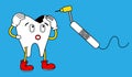 Tooth funny cartoon character. Upset sick tooth with caries and dental drill. Vector illustrations for dental business.
