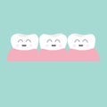 Tooth gum icon. Three cute funny cartoon smiling character set. Oral dental hygiene. Children teeth care. Tooth health.