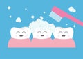 Tooth gum icon. Three cute funny cartoon smiling character set. Toothbrush with toothpaste bubble foam. Oral dental hygiene. Child Royalty Free Stock Photo