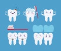 Tooth health icon set. Funny cartoon teeth set. Tooth care cons