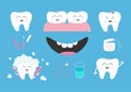 Tooth health icon set. Toothpaste, toothbrush, dental tools instruments, thread, floss, mirror, brush, water. Children teeth care. Royalty Free Stock Photo