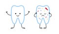 Tooth healthy clean and with bacteria, cute characters. Health and toothache, pain. Dental hygiene, care oral. Vector