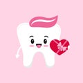 Tooth with heart and bow Valentines day dental icon isolated.