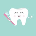 Tooth holding toothbrush with toothpaste. Cute funny cartoon smiling character. Children teeth care icon. Oral dental hygiene. Too Royalty Free Stock Photo