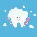 Tooth holding toothpaste and toothbrush. Bubbles foam. Cute funny cartoon smiling character with eyes. Children teeth care icon. O Royalty Free Stock Photo