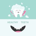 Tooth holding toothpaste and toothbrush. Bubbles foam. Smiling mouth. Banner set. Cute cartoon character. Children teeth care icon