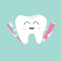 Tooth holding toothpaste and toothbrush. Cute funny cartoon smiling character. Children teeth care icon. Oral dental hygiene. Toot