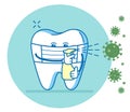 The tooth holds sanitizer spray for disinfecting contact surfaces from virus and wearing mask.