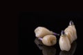 Tooth human implant. Dental concept. Ceramic human teeth or dentures. Implants on black background closeup