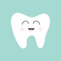 Tooth icon. Cute funny cartoon smiling character. Oral dental hygiene. Children teeth care. Tooth health. Baby background. Flat d