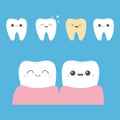 Tooth icon set. Shining star. White Yellow Healthy smiling Crying bad ill teeth. Before after Infographic. Cute cartoon kawaii Royalty Free Stock Photo