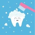 Tooth icon. Toothbrush with toothpaste bubble foam. Brush your teeth. Cute funny cartoon smiling character. Oral dental hygiene. H