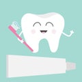 Tooth icon. Toothpaste and toothbrush. Cute funny cartoon smiling character. Children teeth care. Oral dental hygiene. Tooth healt Royalty Free Stock Photo