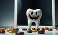 A tooth inside the jaw is smiling amidst a candyfilled environment
