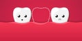 Tooth isolated on a red background. Cute cartoon character. Tooth missing, dental disease. Dental health, care. Simple cartoon