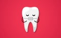 Tooth isolated on a red background. Orthodontic treatment braces on teeth. Clean happy and smiling. Cute cartoon character.