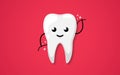 Tooth isolated on a red background. Teeth cleaning. Dental flossing. Clean shining happy and smiling. Cute cartoon character.