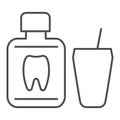 Tooth liquid bottle thin line icon. Tooth rinse vector illustration isolated on white. Oral hygiene outline style design