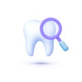 Tooth magnifying glass 3d on white background. Design element. Oral health care concept. Isolated vector illustration