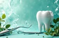 A close-up of dental tools and a model tooth with green leaves on a turquoise background Royalty Free Stock Photo