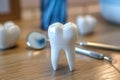 Tooth model with dental tools on wooden table Royalty Free Stock Photo