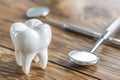 Tooth model with dental tools on wooden table Royalty Free Stock Photo