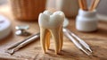 A tooth model on a wooden table with dental tools, AI Royalty Free Stock Photo