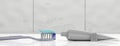 Tooth paste on a toothbrush and blank toothpaste tube on white background, banner. 3d illustration