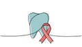 Tooth with ribbon one line colored continuous drawing. Cancer awareness ribbon, AIDS tape continuous one line colorful