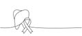 Tooth with ribbon one line continuous drawing. Cancer awareness ribbon, AIDS tape continuous one line illustration