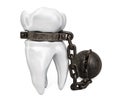 Tooth with shackle, toothache concept. 3D rendering