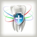 A tooth shield concept of a shiny white tooth being protected by a shield icon