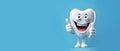 Tooth with thumb up over blue background, dentistry toothcare, panoramic layout. Royalty Free Stock Photo