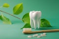 Tooth with toothbrush and toothpaste on a green background Royalty Free Stock Photo