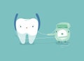 Tooth using dental floss for white teeth, dental vector concept