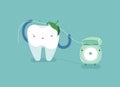 Tooth using dental floss for white teeth, dental vector concept