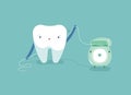 Tooth using dental floss for white teeth, dental vector concept