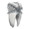 Toothache concept. Tooth with barbed wire, 3D rendering