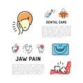 Toothache and jaw pain thin line art icons, Dental care card. Dentistry card, Stomatology flyer