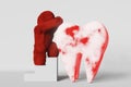 Toothache red Yeti monster catching molar tooth 3D rendering. Acute pain Sensitivity Caries Bacteria Infection Pulpitis.